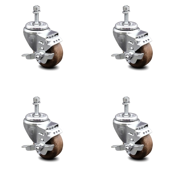 Service Caster 3 Inch High Temp Glass Filled Nylon 3/8 Inch Threaded Stem Caster Set with Brake SCC-TS20S314-GFNSHT-TLB-381615-4 - main